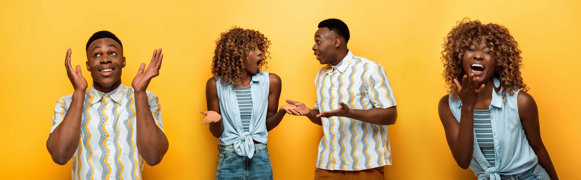 Collage of emotional african american couple on yellow background