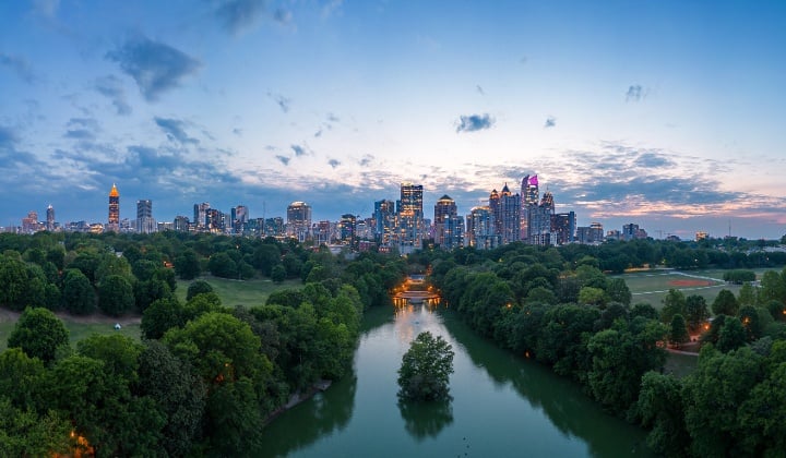 Atlanta Skyline as viewed from Piedmont park, a great place for Atlanta families to visit